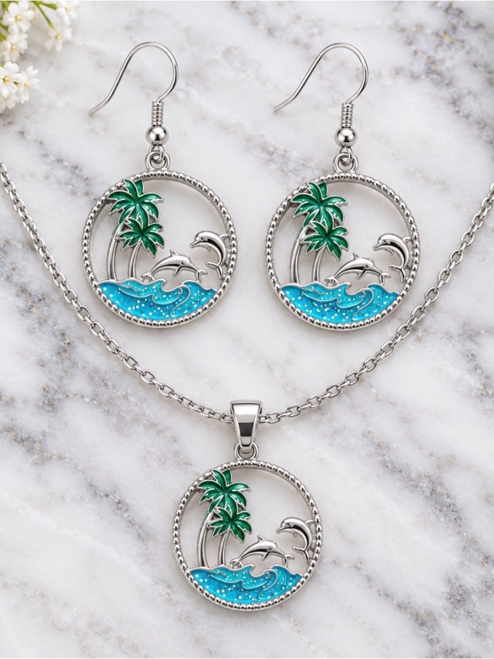 Silver Palm Tree & Dolphin Blue Enamel Necklace and Earring Set